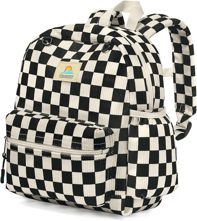 STEAMEDBUN Corduroy Toddler Backpack for Boys 2-4: Kids backpack for Boys Girls - 12 inch Preschool Kindergarten Backpacks - Checkered