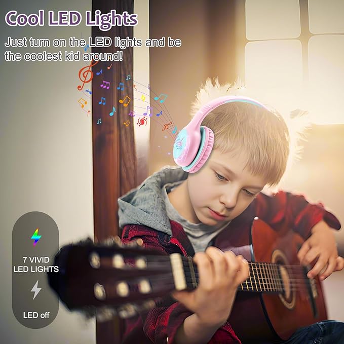 Voopwink Kids Headphones Wired with Microphone, USB Type C Headphones for Kids Girls Boys with Cord/LED Lights/85/94dB Volume Limit, Portable Over Ear Headphones for School/Travel/Tablet/iPad