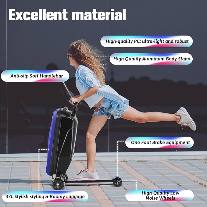 Scooter Luggage For Kids & Adults， Hardside Ride On Suitcase For Kids Ages 4-15 Multifunctional Lightweight Foldable Carry On Luggage With Wheels Ride On For Children Teenagers (Indigo Blue, 20")