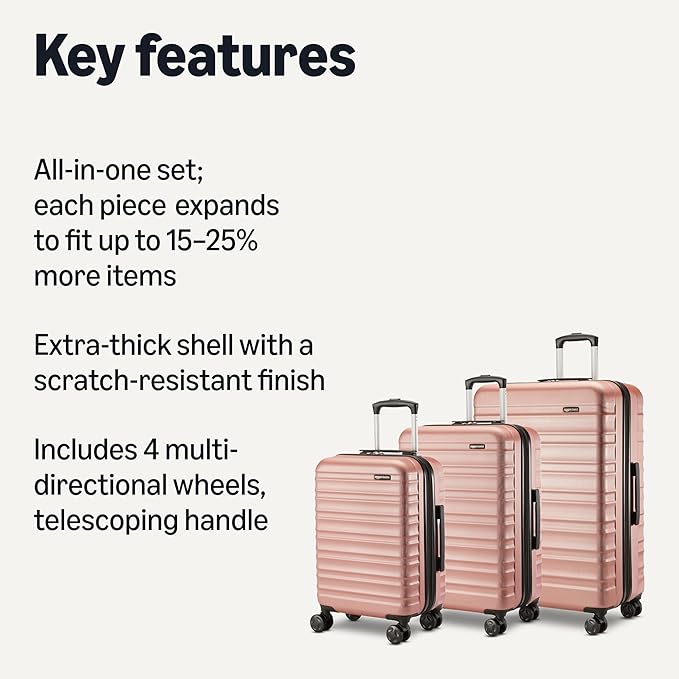 Amazon Basics 3-Piece Hardshell Suitcases Set (21", 26", 30"), Expandable For Up to 25% More Space, With Scratch-Resistant Finish, Four Multi-Directional Wheels, Rose Gold