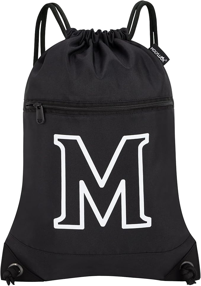 HOLYLUCK Drawstring Bags Initial Backpack Sackpack Cinch Bags for Sports, Gym, Travel, Beach (Black-M)