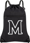 HOLYLUCK Drawstring Bags Initial Backpack Sackpack Cinch Bags for Sports, Gym, Travel, Beach (Black-M)