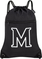 HOLYLUCK Drawstring Bags Initial Backpack Sackpack Cinch Bags for Sports, Gym, Travel, Beach (Black-M)