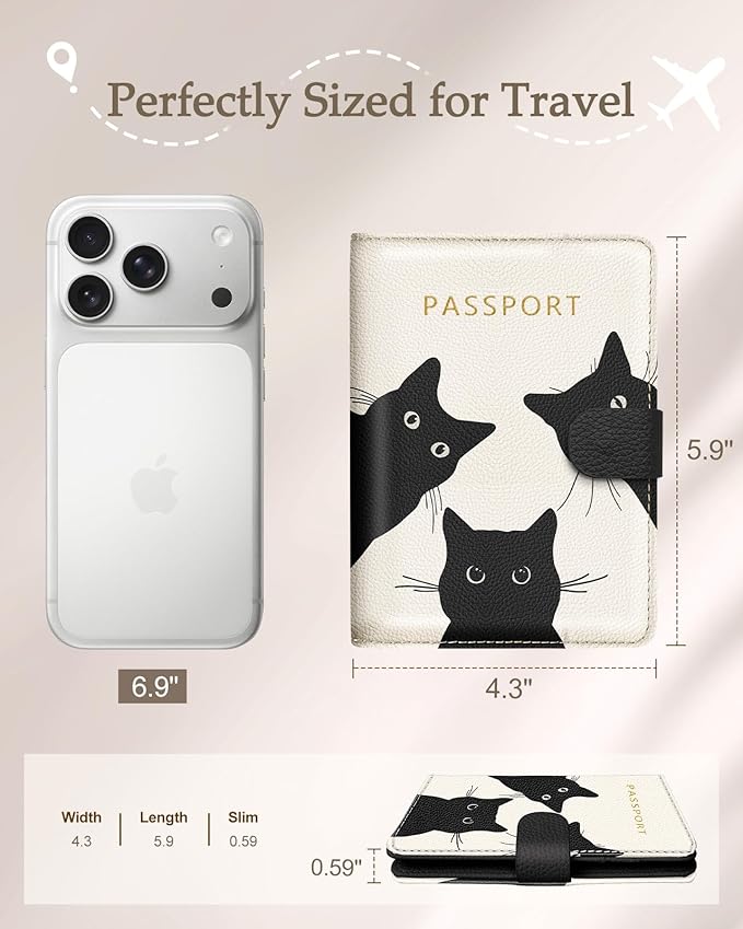 Slohif Passport Wallet Holder Cover for Travel - Women Men RFID Blocking Passport Book Case Protector, Cream Cute Black Cat Leather Personalized Organizer Slim Carrier Boarding Pass Cards Slots