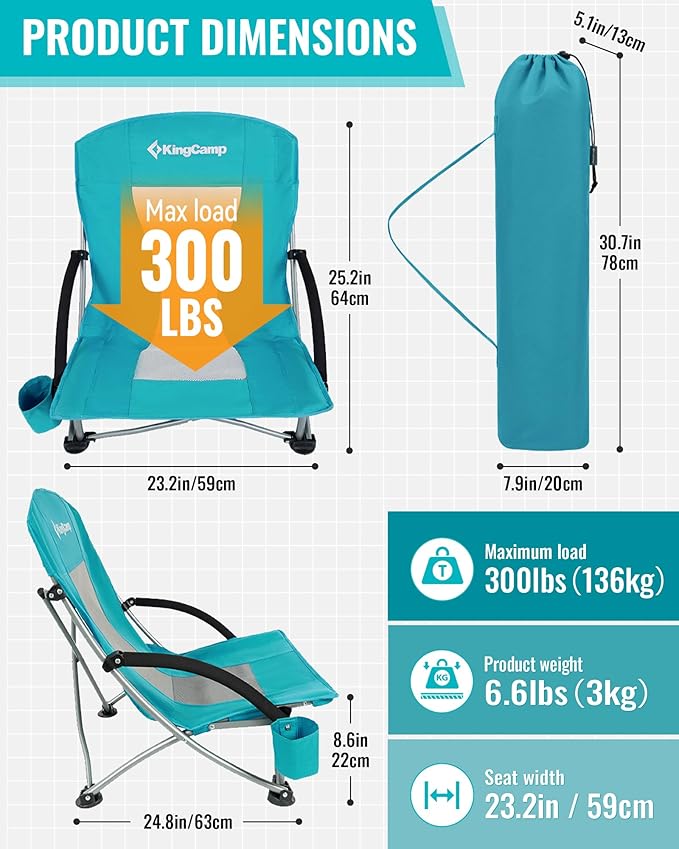 KingCamp Low Beach Chair, High Back Folding Camping Chair for Adults, Oversized Breathable Mesh Seat, 300lbs Heavy Duty Portable Chair with Cup Holder & Storage Pockets for Beach, Outdoor