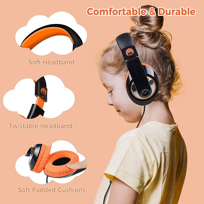 rockpapa Comfort+ Kids Headphones with Microphone, Boys Girls Student Over-Ear Headphones Wired Foldable for School Classroom Laptop PC Computer Tablet Black Orange