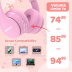 MIDOLA Kids Headphones Bluetooth 5.4 Wireless 68H Play Time Volume Limit 85/94dB Over-Ear Foldable Headset,Type-C Fast Charging,with Wired Aux Mic for Toddler Child Pad Tablet Pink