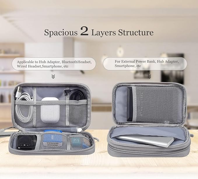CAOODKDK Electronic Organizer Bag, Waterproof Portable Electronic Organizer Travel Accessories Cable Bag Universal Cord Storage Case for CableCord Storage Double Layer - Gray, Large