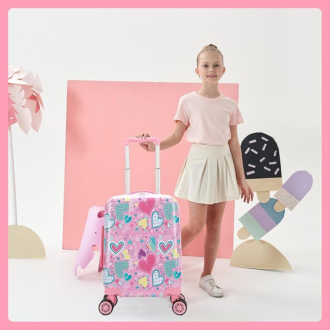 Kids Luggage with Spinner Wheels 5 Piece Carry on Suitcases for Girls Backpack with Lunch Box Pencil Case 16" Toddler Suitcase Set Airline Approved (Pink Heart)
