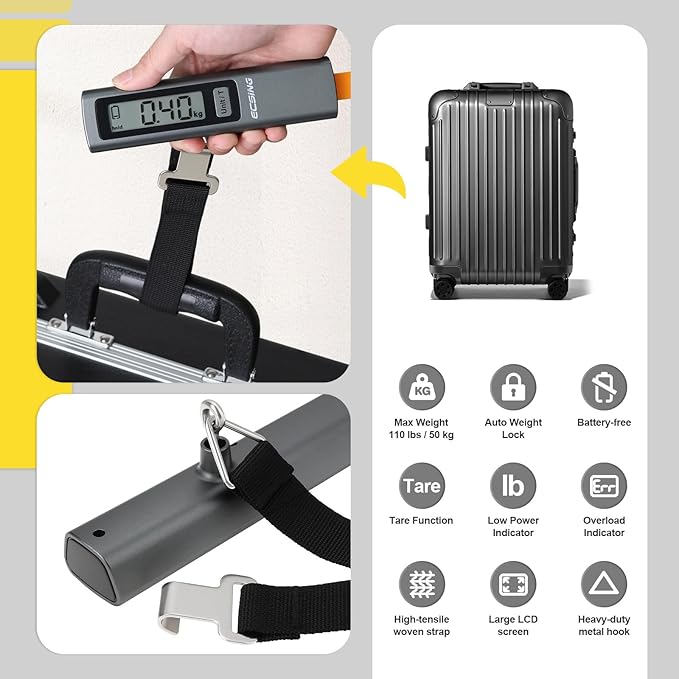 ECSiNG Portable Luggage Scale Battery Free - Digital & Backlit LCD Display, Luggage Weight Scale, 110 lbs/50 kg, For Travel, Airplane, Shipping, Shopping, Outdoor