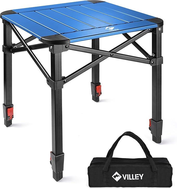 VILLEY Folding Camping Square Table with Carry Bag, Lightweight Aluminum Adjustable Square Table for Outdoor, Camping, Picnic, Backyards, BBQ, Small