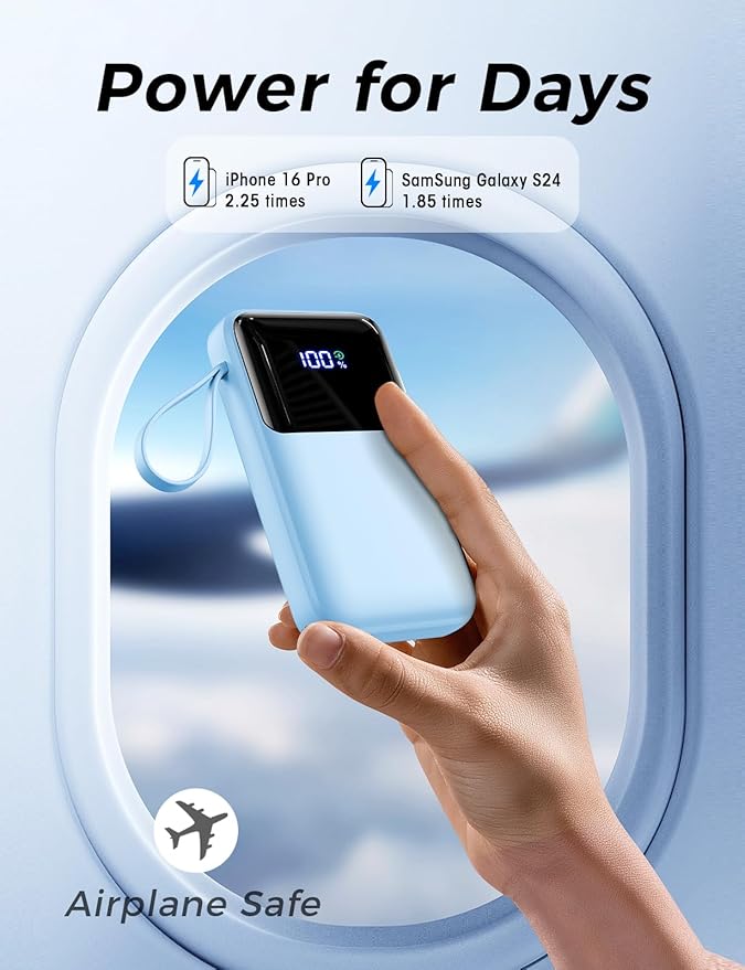 Power Bank, 15000mAh Portable Charger with Built in Cable, 22.5W Fast Charging, 6 Outputs, Slim Travel Essential Battery Pack with LED Display, Compatible with iPhone 17/16/15/14/13, iPad SkyBlue