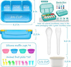 QQKO Bento Lunch Box for Kids Girls Boys, Toddler Kids Lunch Boxes for School, Lunch Containers for Adults with 4 Compartments, Sauce Container, Utensils, Food Picks and Muffin Cups, Blue