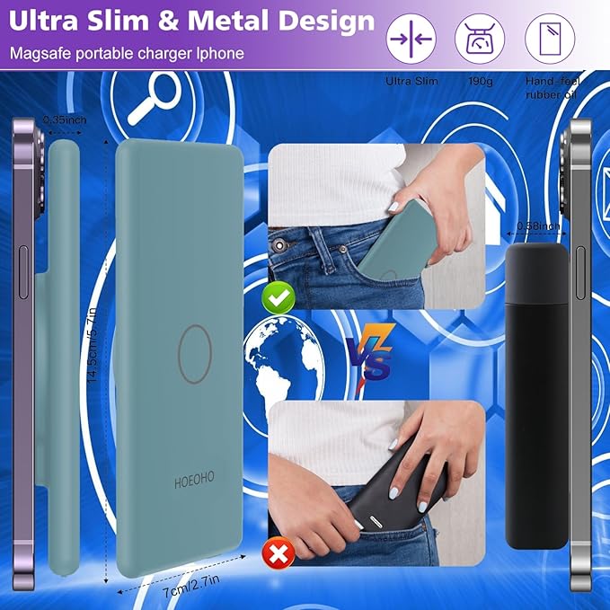 Magnetic Battery Pack for iPhone /17/16/15/14/13/12 Series, 10,000mAh Mag-Safe Battery Pack, Slim Mag-Safe Power Bank Charger, Power Bank Magnetic Charger for iPhone (Light Blue)