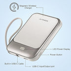 Magnetic Power Bank 10000mAh, Wireless Portable Charger with 15W Max Fast Charging & Built-in USB-C Cable, 22.5W PD LED Display Battery Pack Compatible with iPhone 17/16/15, Samsung Galaxy(white)