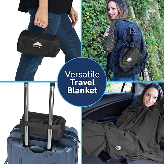 BlueHills Premium Soft Ultra Compact Travel Blanket Value Pack Set of 2 - Airplane Traveling Essentials Flight Blanket Throw in a Portable Bag Car Plane Travel Gift Black and Peacock T