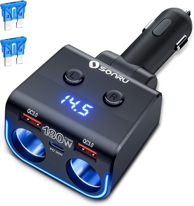 SONRU 180W Cigarette Lighter Splitter, 30W PD & Dual QC3.0 Car Charger Adapter,24V/12V Car USB Adapter 2-Socket with Voltmeter Fast Charging for iPhone 17/16/15 Car Devices
