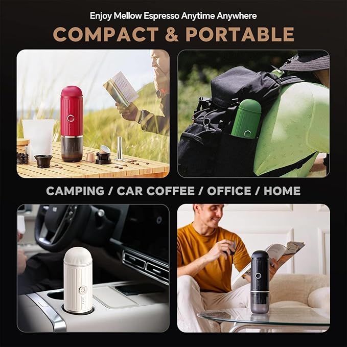 Portable Espresso Machine with 3-4 Min Self-heating, 7800mAh Rechargeable Electric Coffee Machine 19 Bar Compatible with NS Capsules and Ground Coffee (Red)