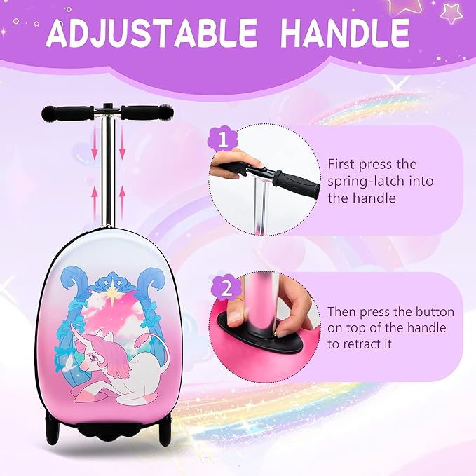 Scooter Suitcase for Kids, Ride on Luggage for Girls Aged 3-8, Scooter Luggage with LED Wheels