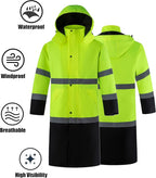 Ubon Men's Hi Vis Long Raincoat Waterproof Reflective Safety Rain Jacket High Visibility with Detachable Hood