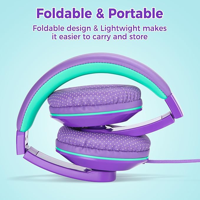 rockpapa Comfort+ Kids Headphones with Microphone, Boys Girls Student Over-Ear Headphones Wired Foldable for School Classroom Laptop PC Computer Tablet Purple Green