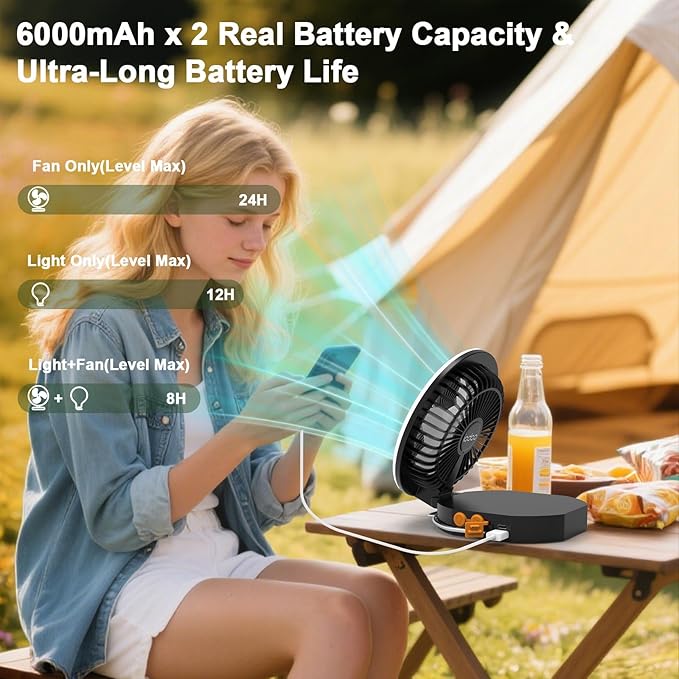 iodoo Camping Fan Light with Remote and Portable Carrying Bag - 12000mAh Rechargeable Battery, 24H Run Time, 2000LM, 3 Light Modes & Stepless Dimming, Ultra - Quiet Table Fan Baby Fan