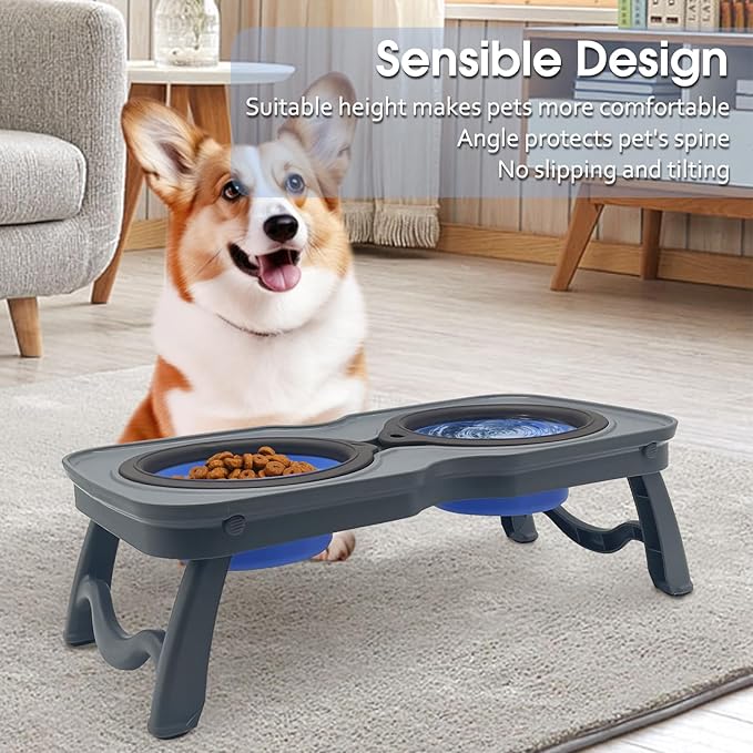 PINVNBY Elevated Portable Dog Bowl, Travel Raised Stand with Collapsible Silicone Double Diner Bowls Non-Slip Food and Water Bowls Holder for Small Dogs and Cats - 14.6" L x 7.5" W x 3.9" H
