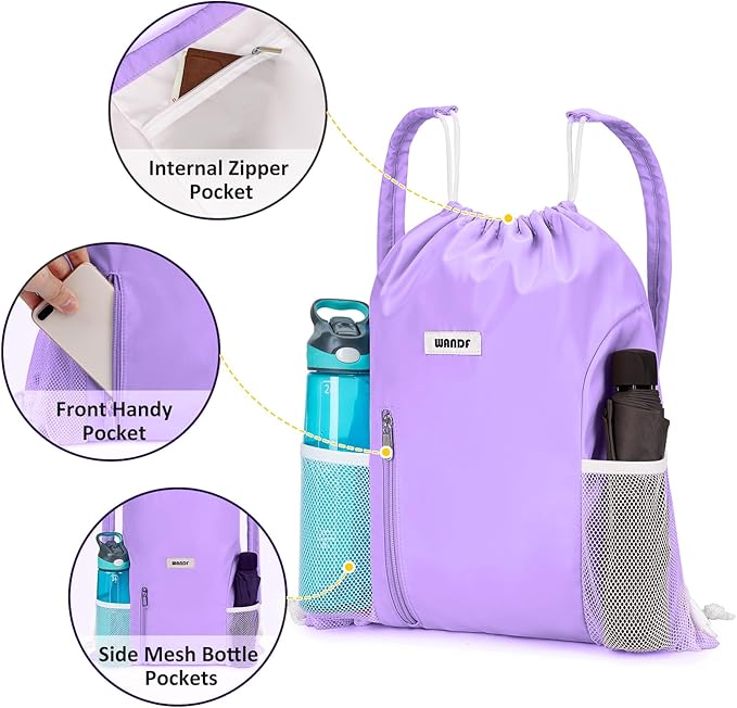 WANDF Drawstring Backpack with Shoulder Pad Sports Gym Backpack with Mesh Pocket String Bag for Women Men (Purple)