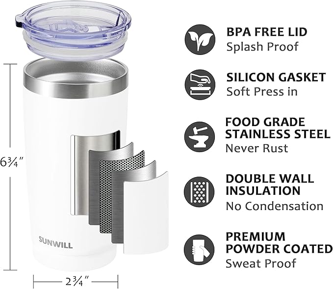 SUNWILL Travel Coffee Tumbler 20 oz, Insulated Mug with Lid, Stainless Steel Cup for Hot and Cold Drinks, Powder Coated White