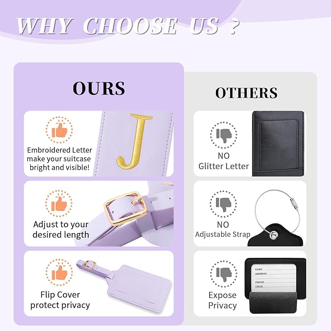 Personalized Initial Luggage Tags for Suitcase, Purple Leather Cute Luggage Tags with Privacy Cover Name Card, Embroidered Custom Monogrammed Luggage Tag Travel Backpack Tags Gifts for Women Kids(J)
