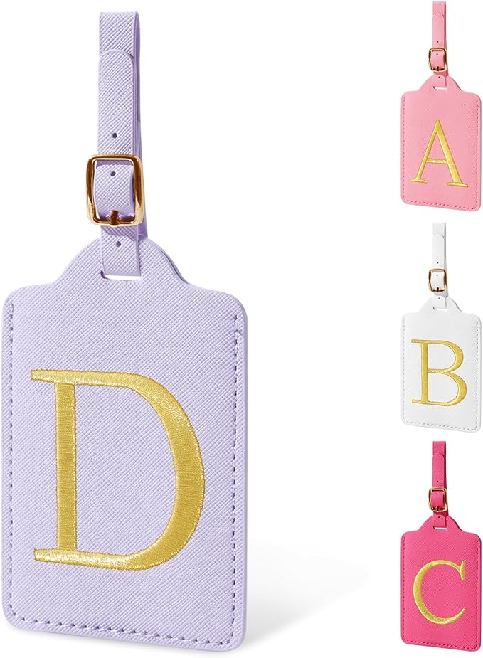 Personalized Initial Luggage Tags for Suitcase, Purple Leather Cute Luggage Tags with Privacy Cover Name Card, Embroidered Custom Monogrammed Luggage Tag Travel Backpack Tags Gifts for Women Kids(D)