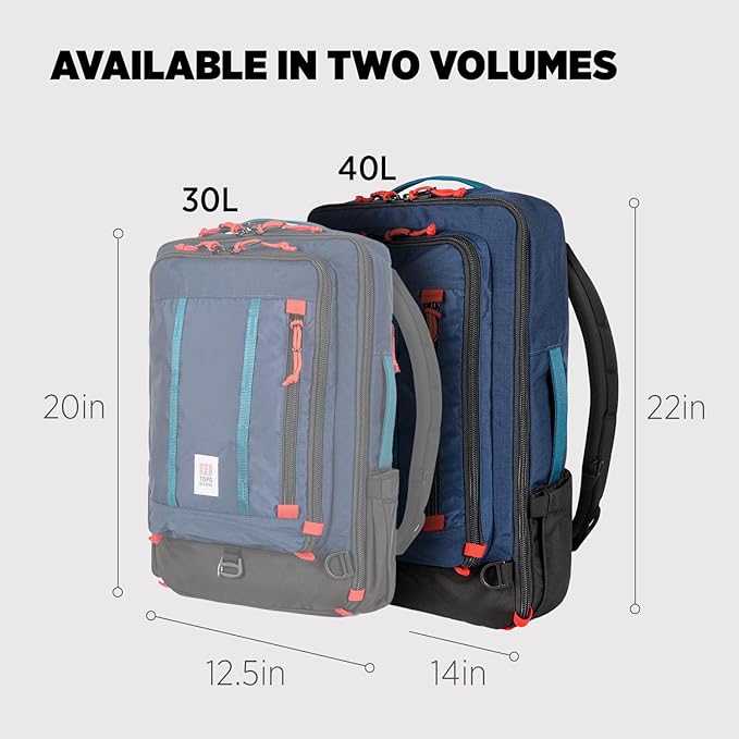 Topo Designs Global Travel Bag – 30L or 40L - Carry-On Compliant Most Airlines, Durable Travel Duffel Bag, Clam Shell Main Pocket, Laptop Sleeve, Backpack, Sling, Luggage (40L / Navy)