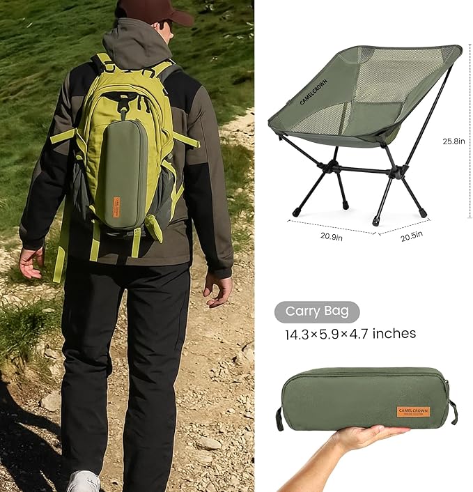 CAMEL CROWN Portable Camping Chair Lightweight Compact Folding Chair Mesh for Outdoor Camp Travel Beach Picnic Festival Hiking Backpacking Army Green 2 Pack
