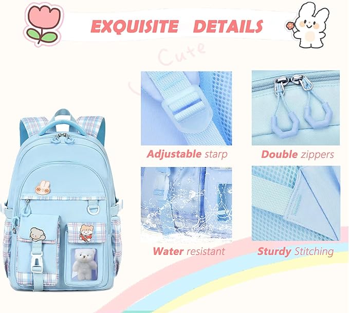 PRLINJSK Girls Backpack，Cute School Backpack for Girls Kids Teens，Kawaii Bookbag for Primary Elementary， Blue
