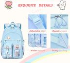 PRLINJSK Girls Backpack，Cute School Backpack for Girls Kids Teens，Kawaii Bookbag for Primary Elementary， Blue