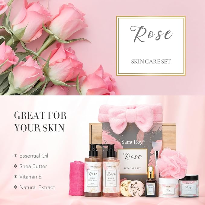 Mothers Day Gifts for Women, Spa Gifts for Women, Self Care Kit ROSE Bath and Body Gifts Set for Woman, Scrub Body Wash, Clay Mask, Essential Oil, Birthday Gift Skin Care Set, Christmas Gift