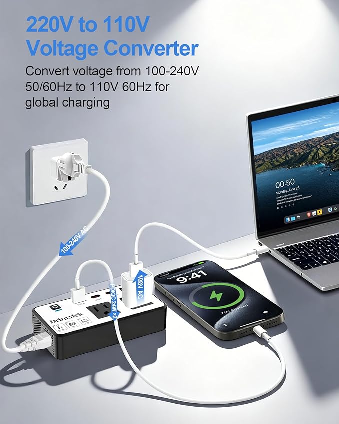 200W Voltage Converter US to Europe, Step Down Travel Power Adapter with 4 USB Ports, 2 AC Outlets for Curling Iron Hair Straightener Laptop, EU UK AU Plug, for Cruise Ship Travel