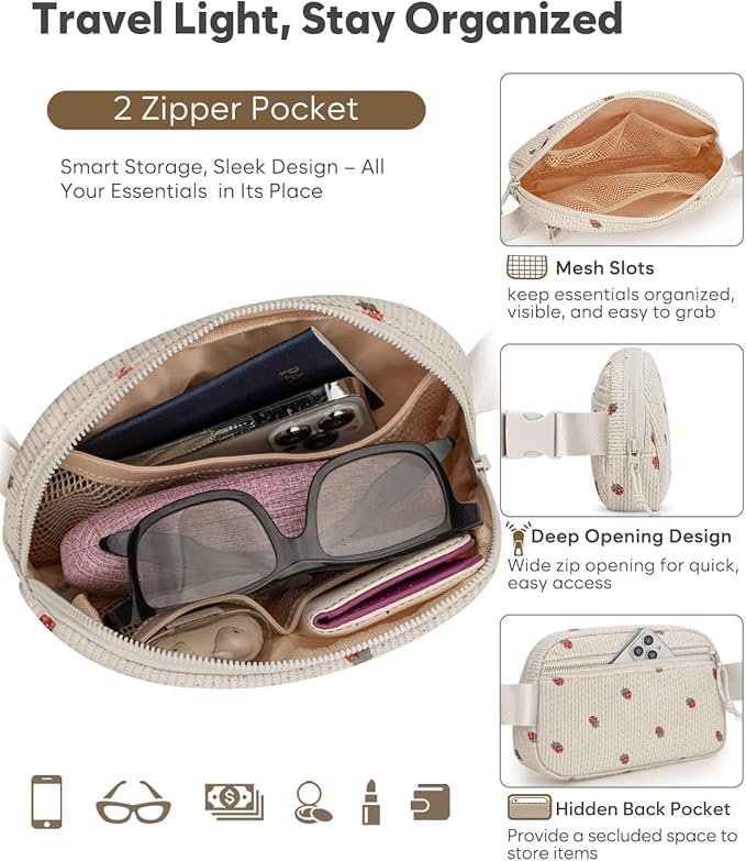 Pritent Fanny Packs for Women Cross Body Bag Waterproof Belt Bag with Adjustable Strap and Zipper Back Pocket Small Crossbody Bags Fashion Waist Packs for Workout Travelling(Strawberry Beige)