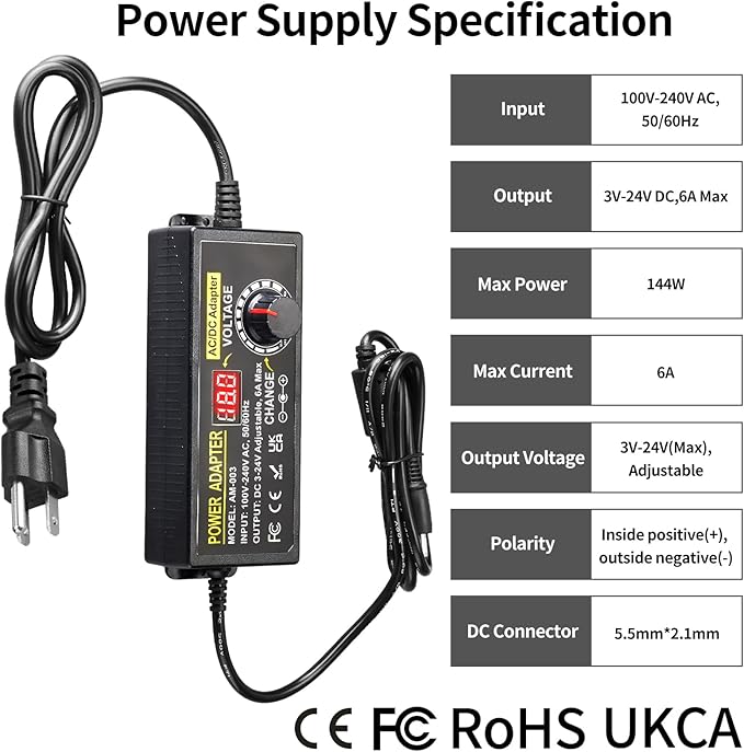 3V~24V 6A 144W Adjustable Power Supply 3V 5V 6V 9V 10V 12V 15V 18V 20V 24V Universal Variable Switching Power AC/DC Adapter,100V-240V AC to DC Converter with 14 Tips & Polarity Converter & 3Test Leads