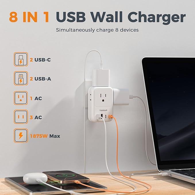 TESSAN USB C Charger Block 20W PD, Fast Charging Adapter with Foldable Plug, 1875W Power Outlet Extender(4 AC and 4 USB) for Cruise, Home, Office, Dorm Room Essentials, White