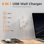 TESSAN USB C Charger Block 20W PD, Fast Charging Adapter with Foldable Plug, 1875W Power Outlet Extender(4 AC and 4 USB) for Cruise, Home, Office, Dorm Room Essentials, White