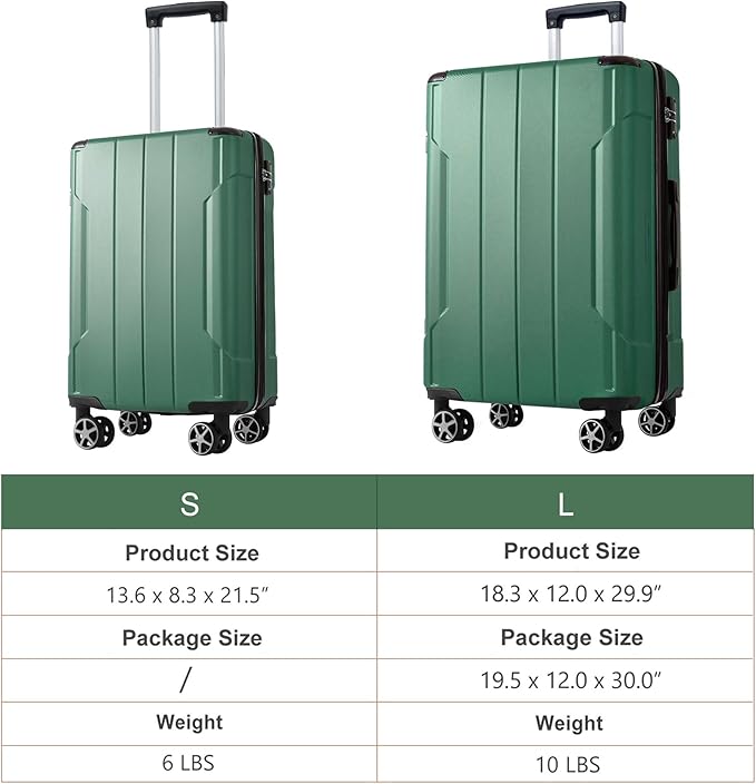 2 Piece Luggage Set, Hardside Suitcase with Spinner Wheels, TSA Lock & Expandable Hard Shell, Carry on and Checked Luggage for Travel, Maletas de Viaje for Men & Women (Green, 20+28Inch)