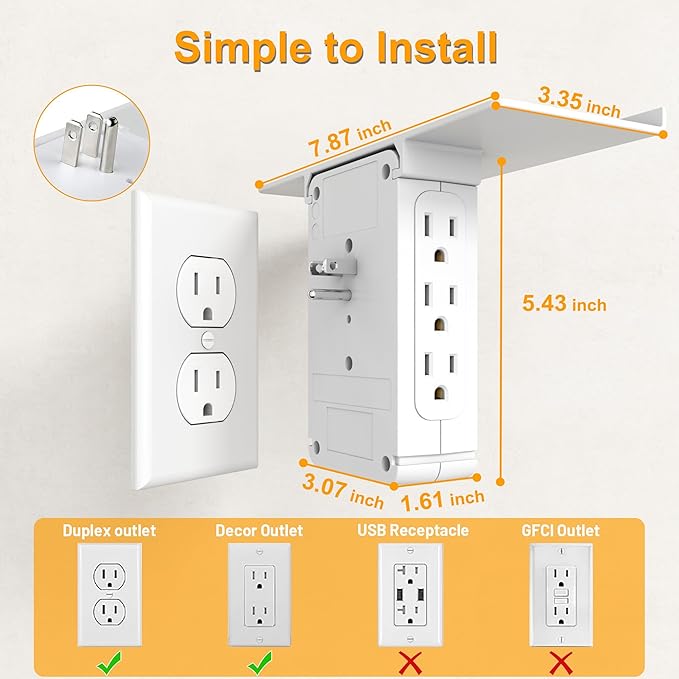 Socket Wall Shelf-CFMASTER 10 Port Surge Protector Wall Outlet, 8 Electrical Outlet Extenders and 2 USB Ports 2.4A, with Removable Built-In Shelf, FCC Listed (1, White)