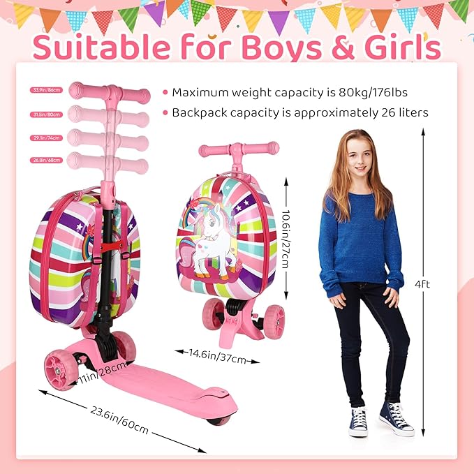 3-in-1 Ride-On Scooter Suitcase, Hardside Ride On Suitcase For Kids Ages 4-15 with LED Light-Up Wheels, Retractable Handle, Foldable & Detachable Scooter Travel Trolley Ride On Luggage-Pink