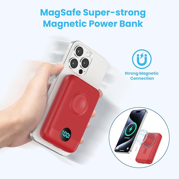 Pxwaxpy Magnetic Portable Charger 10800mAh,4-in-1 Power Bank with iWatch Charger, 25W PD Fast Charging USB C Battery Pack for Magsafe,iPhone 17/16/15/14/13/12 Series,Apple Watch (Red)