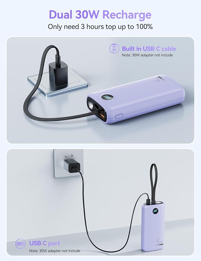 Portable Charger, 45W 20000mAh Power Bank with in/Out Fast Charging USB C Cable, 3W Flashlight, LED Display, Portable Battery Pack Travel Essentials for iPhone 17/16/15, Android Phone, Tablet, Laptop