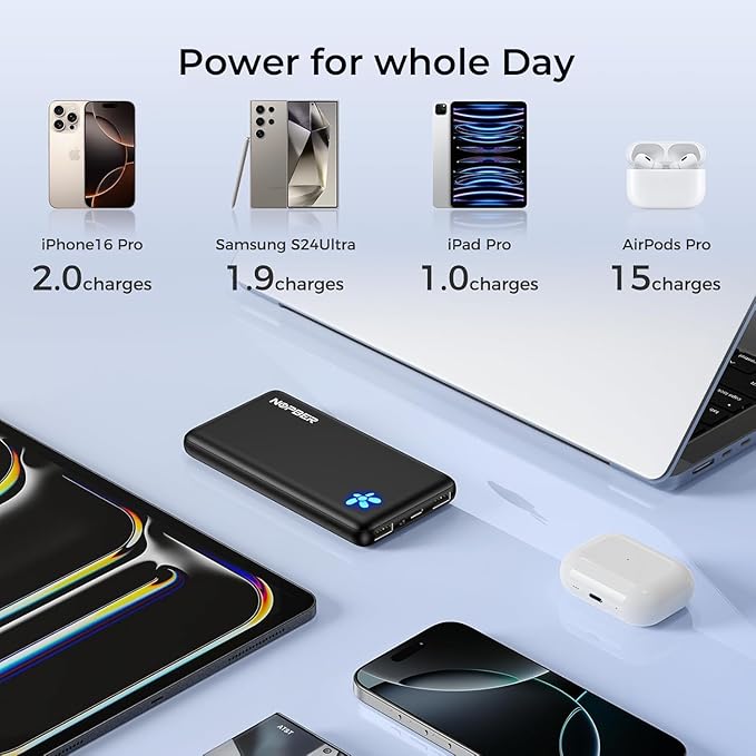 Portable Charger 10000mAh Ultra Slim Power Bank Lightweight Pocket-Sized Design 15W Output for iPhone 16/15/14 Samsung Galaxy Android Devices Travel Essentials（Black）