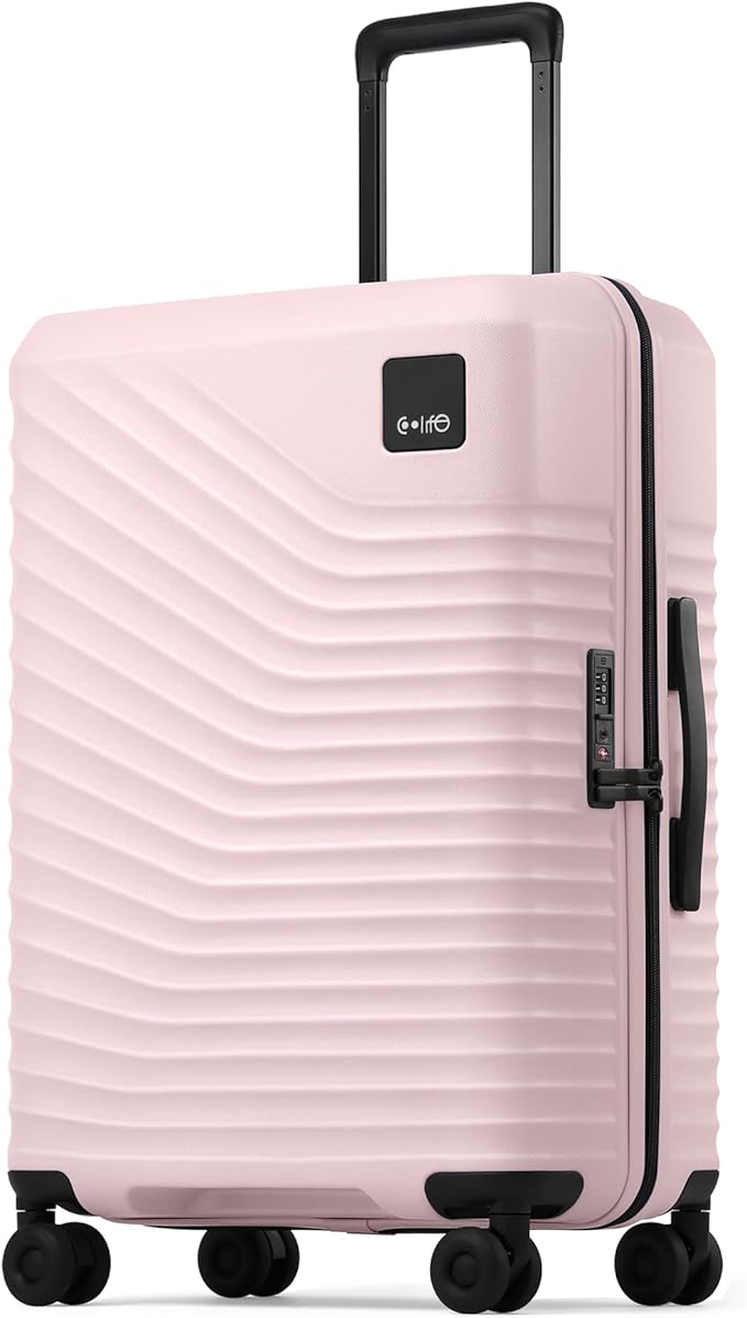 Coolife Hardside Luggage Upgrade Durable PC Lightweight Travel Suitcases with Dual Spinner Wheels & TSA Lock (Pink, Checked-Medium 24-Inch)
