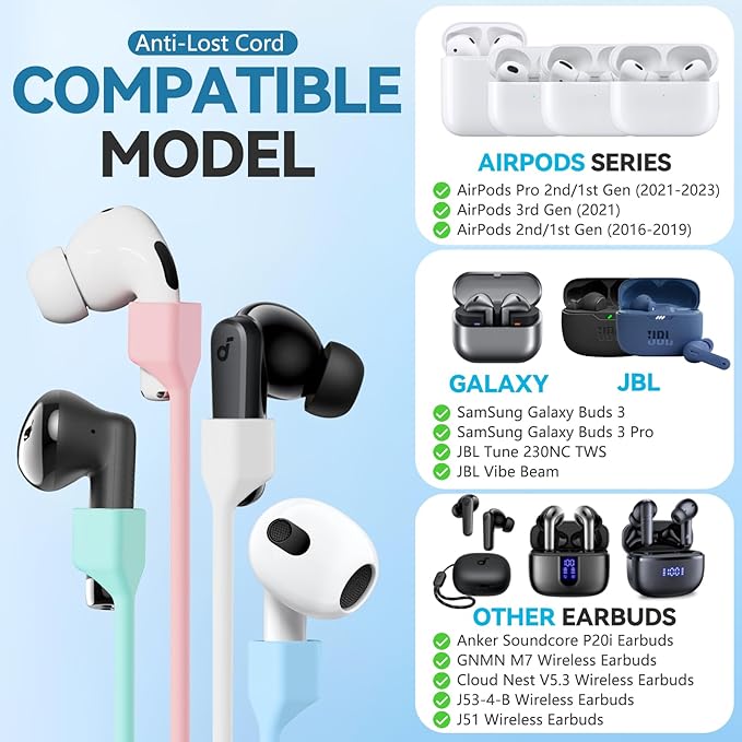 【5 Pack】Ultra Strong Magnetic Airpods Straps Anti-Lost Cord for AirPods 1st& 2nd/ AirPods 3rd /AirPods Pro 1st/ 2nd,Silicone Sports Lanyard and Ear Hook-5 Straps +1 Pair EarHook