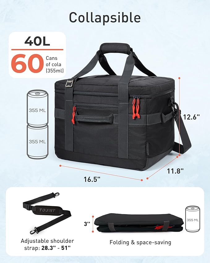 TOURIT Soft Sided Cooler Bag Insulated 30/48/60 Cans, Large Collapsible & Leakproof Ice Chest for Picnic, Beach, Camping, Travel